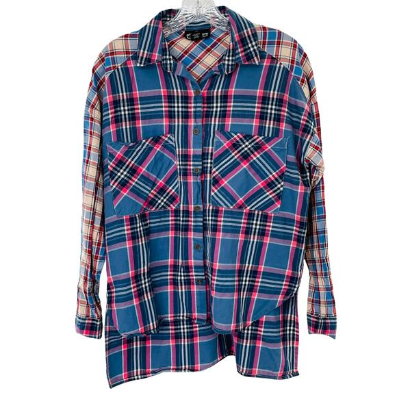 ANGIE Shirt S Blue Pink Mixed Plaid Flannel Button Down Long Sleeve - Picture 1 of 10